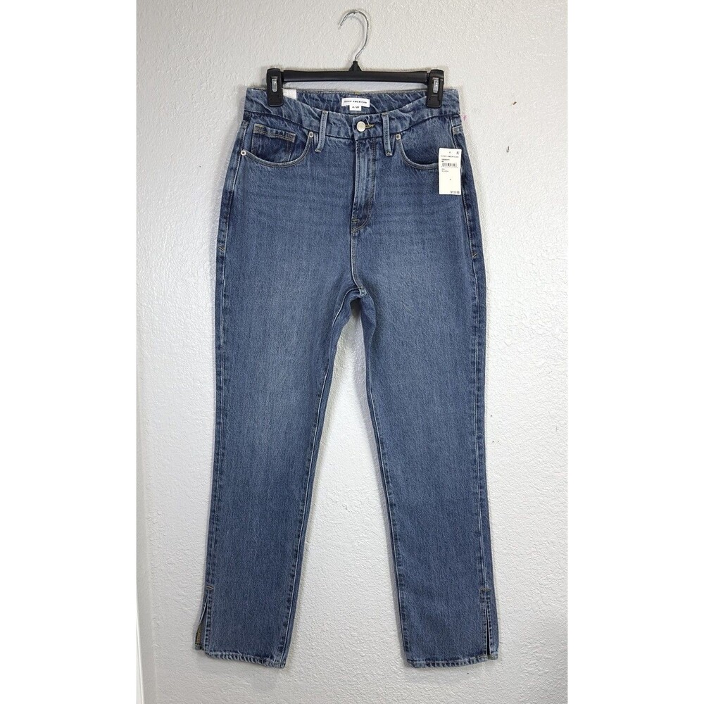 Good American Good Boy Jeans Women 4/27 High Rise Straight Leg Ankle Slit NWT